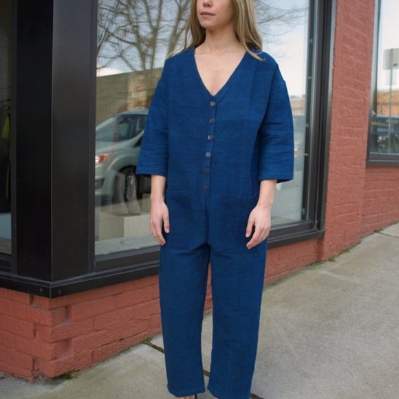 Happy French Gang Pants - Happy French Gang textured jumpsuit in Indigo Blue